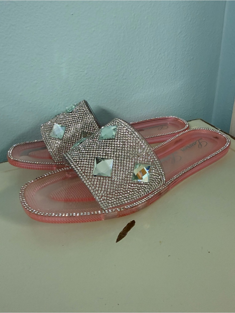 Lauren Lorraine Pink Jelly Rhinestone Slide Sandals Crystal Glam Size 7
